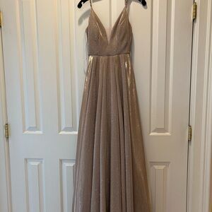 B Darlin Shimmering Champagne Gold Maxi Dress - size 0.  V neck - has pockets!